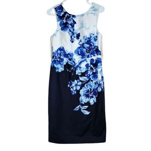 Anthropologie Maeve Sheath Floral Dress Blue Off White Navy Cotton Stretch 6P